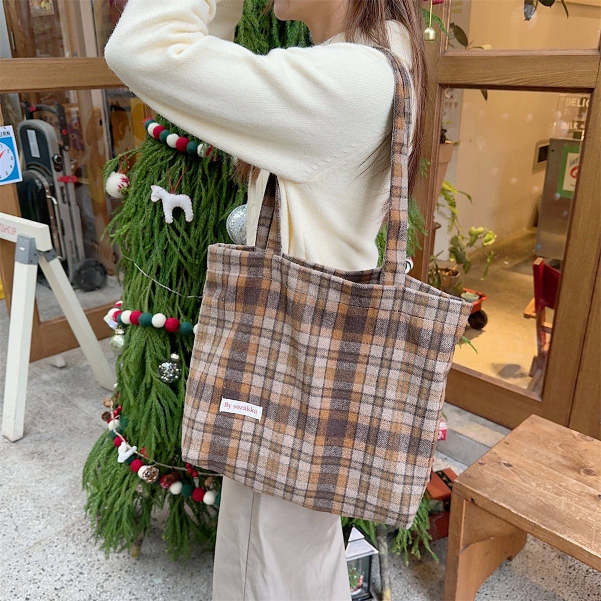 CWAB3897_LARGE CAPACITY VINTAGE PLAID TOTE SHOULDER BAG