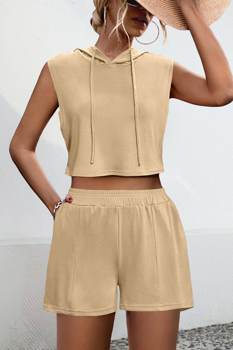 CWSS1072_HOODED PATCHWORK CASUAL VEST SHORTS TWO-PIECE SET