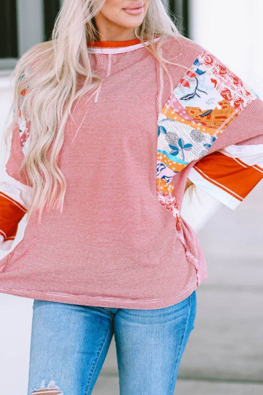 CWTBLS1226_STRIPED KNIT COLOR MATCHING CASUAL MID-SLEEVE TOP