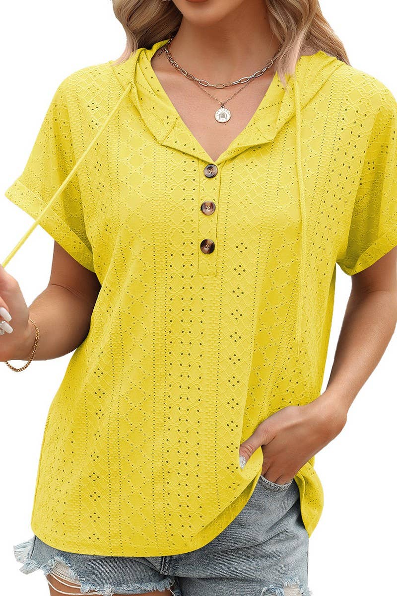 CWTTS1086_SOLID COLOR BUTTONED HOODED DRAWSTRING T-SHIRT