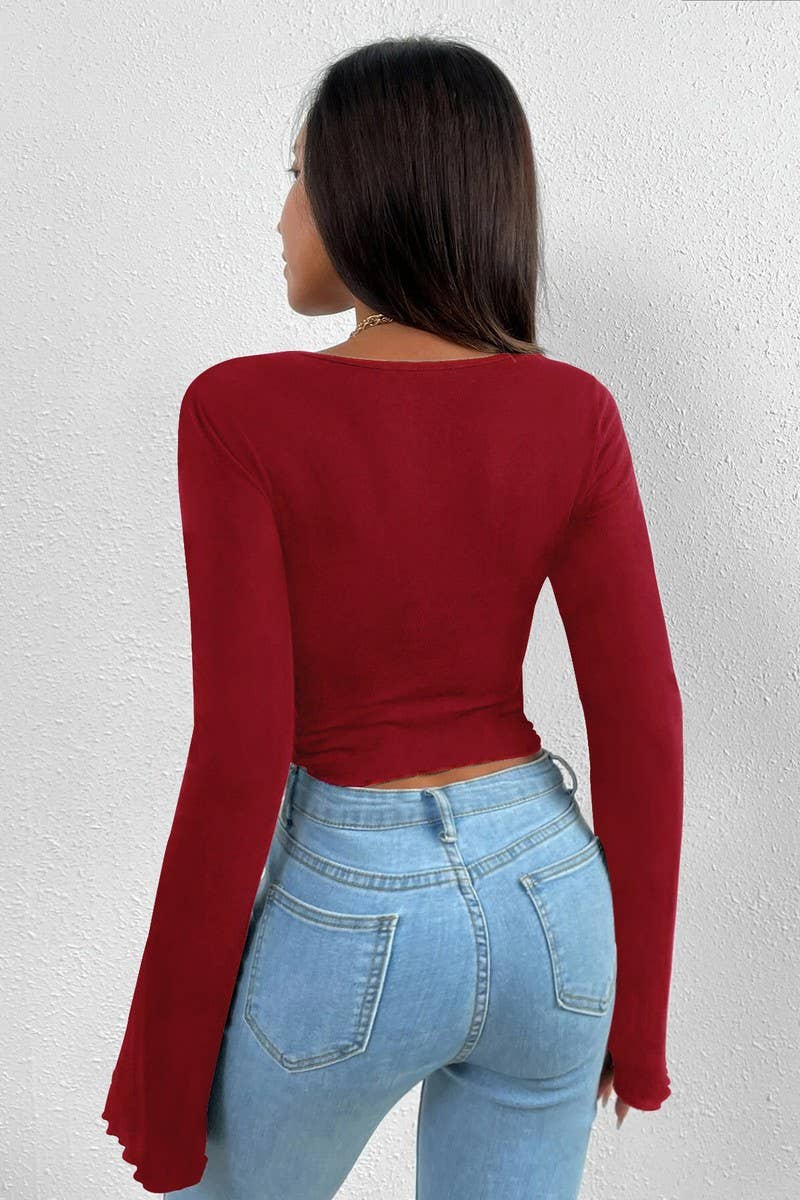 CWTBLL2702_V-NECK FLARED SLEEVES IRREGULAR KNITTED TOP