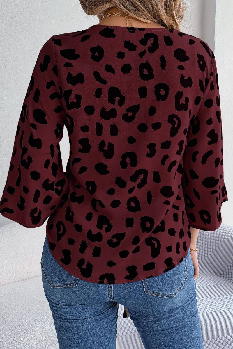CWTSTL1203_CASUAL LEOPARD PRINT LACE-UP CHIFFON SHIRT TOP