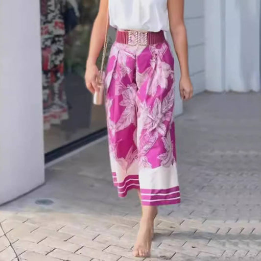 Flowered waisted Bohemian wide-leg pants