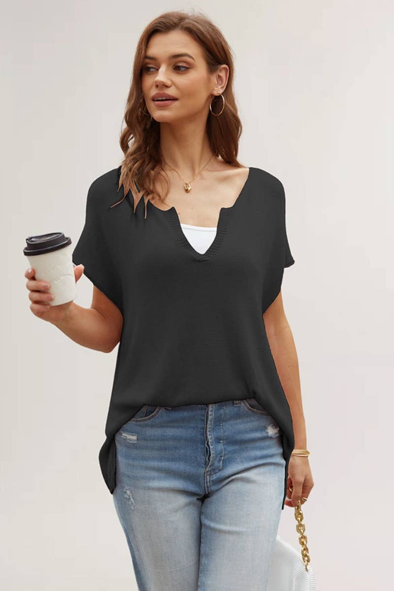 CWTBLS0744_KNIT V-NECK SOLID COLOR SPLIT SHORT-SLEEVED TOP