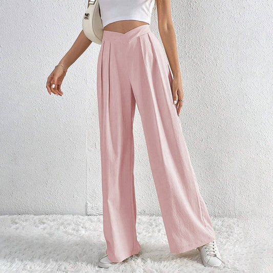 ASYMMETRICAL WAIST PLEATS CASUAL WIDE LEG SLACKS_CWBLP0603