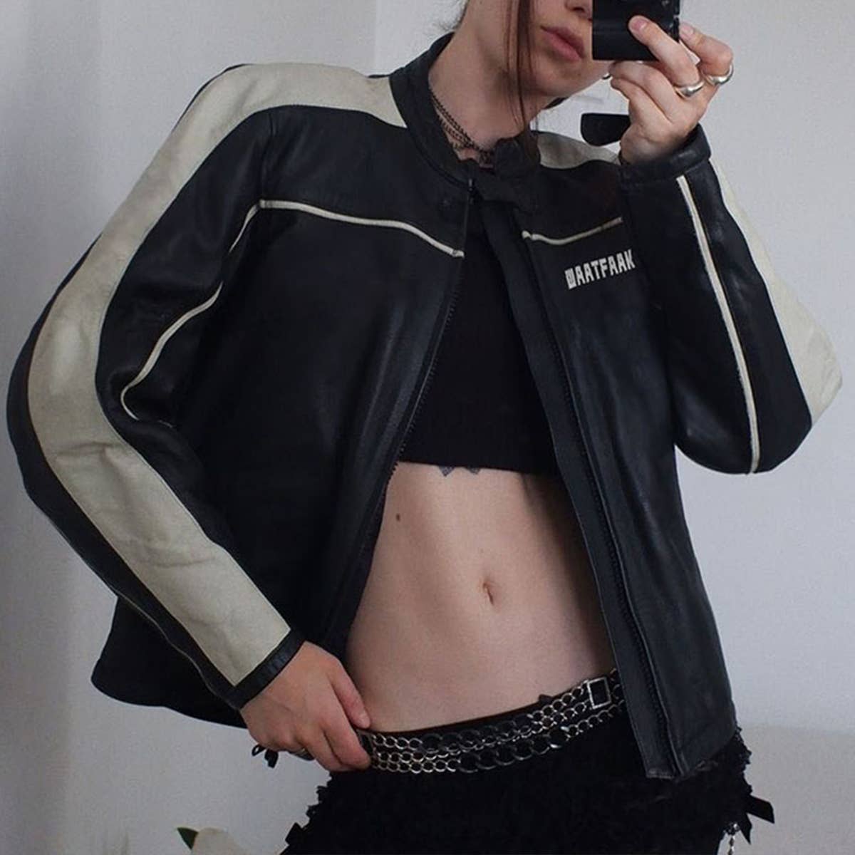 BIKER STYLE BLACK WHITE PATCHWORK LEATHER  JACKET