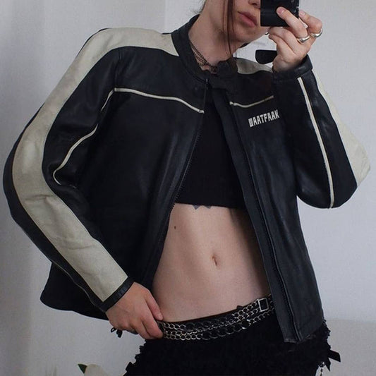BIKER STYLE BLACK WHITE PATCHWORK LEATHER  JACKET