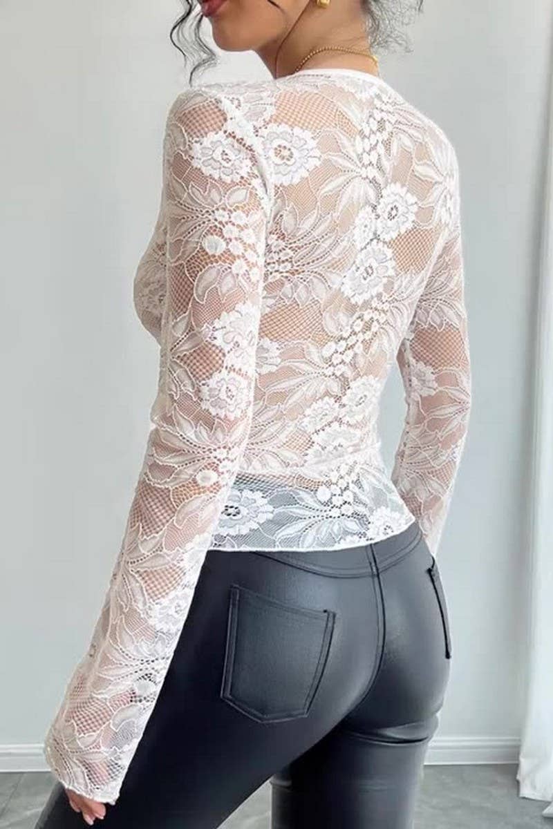 CWTBLL3912_SOLID LACE V-NECK SLIM FIT LONG SLEEVE TOP