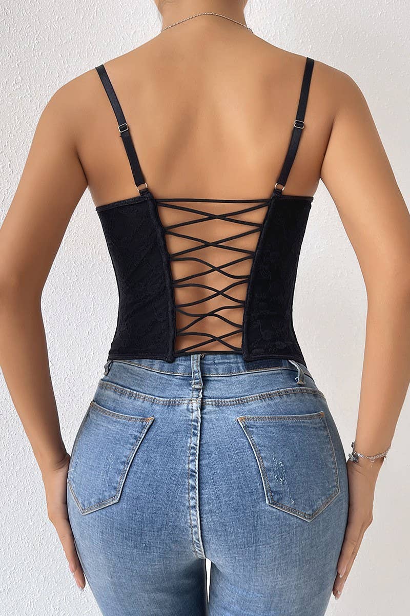 CWTTK0402_SEXY SOLID COLOR LACE FISHBONE LOW CUT TANK TOP