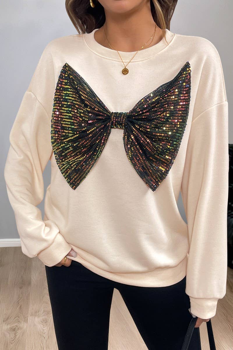 CWTBLL00770_SEQUIN BOW DETAIL CREWNECK PULLOVER SWEATSHIRT