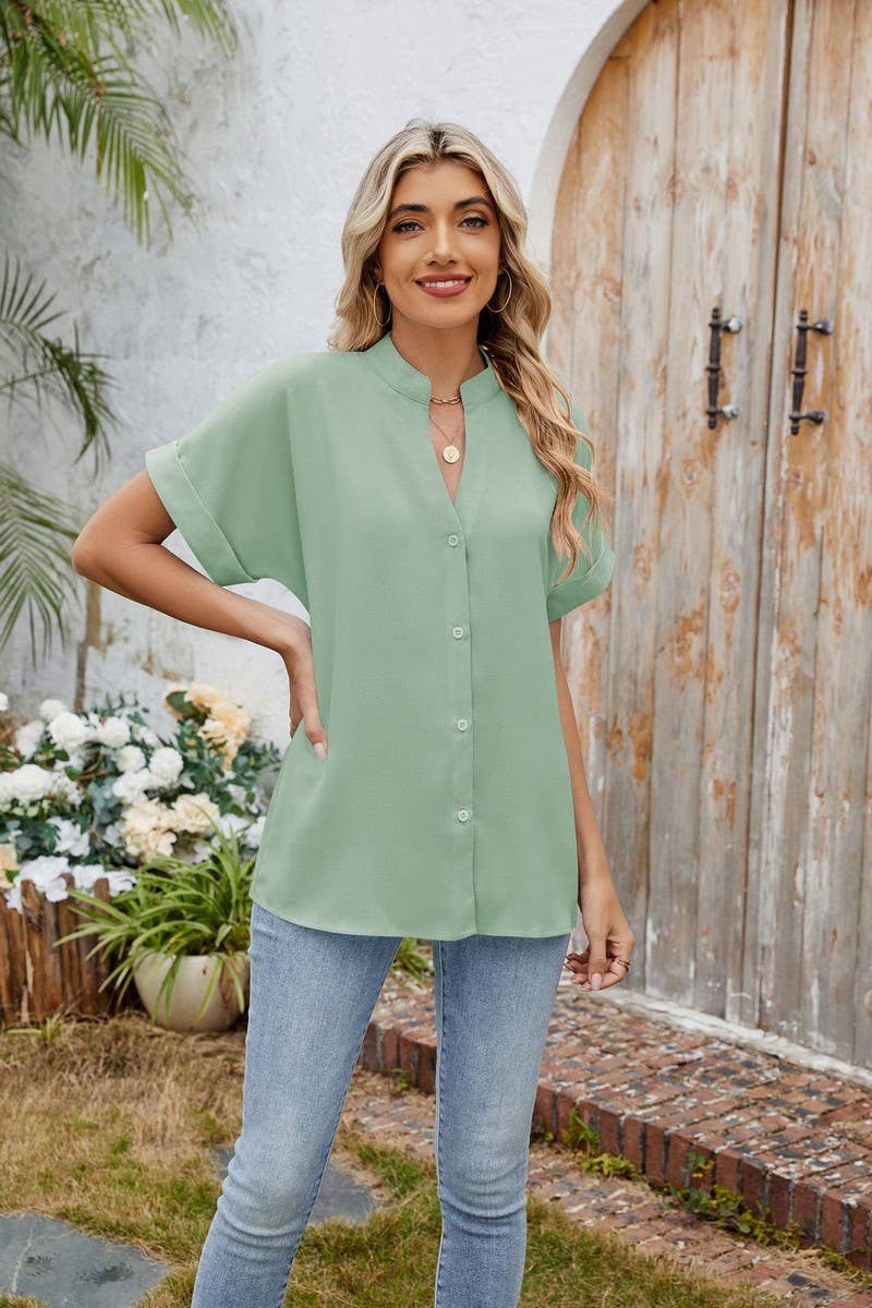 CWTBLS2280_SOLID V-NECK BUTTON DOWN CASUAL SHIRT TEE TOP