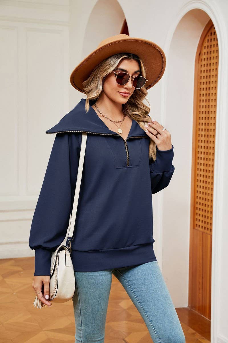 CWTBLL2400_SOLID COLOR ZIPPER LAPEL LOOSE SHAWL SWEATSHIRT