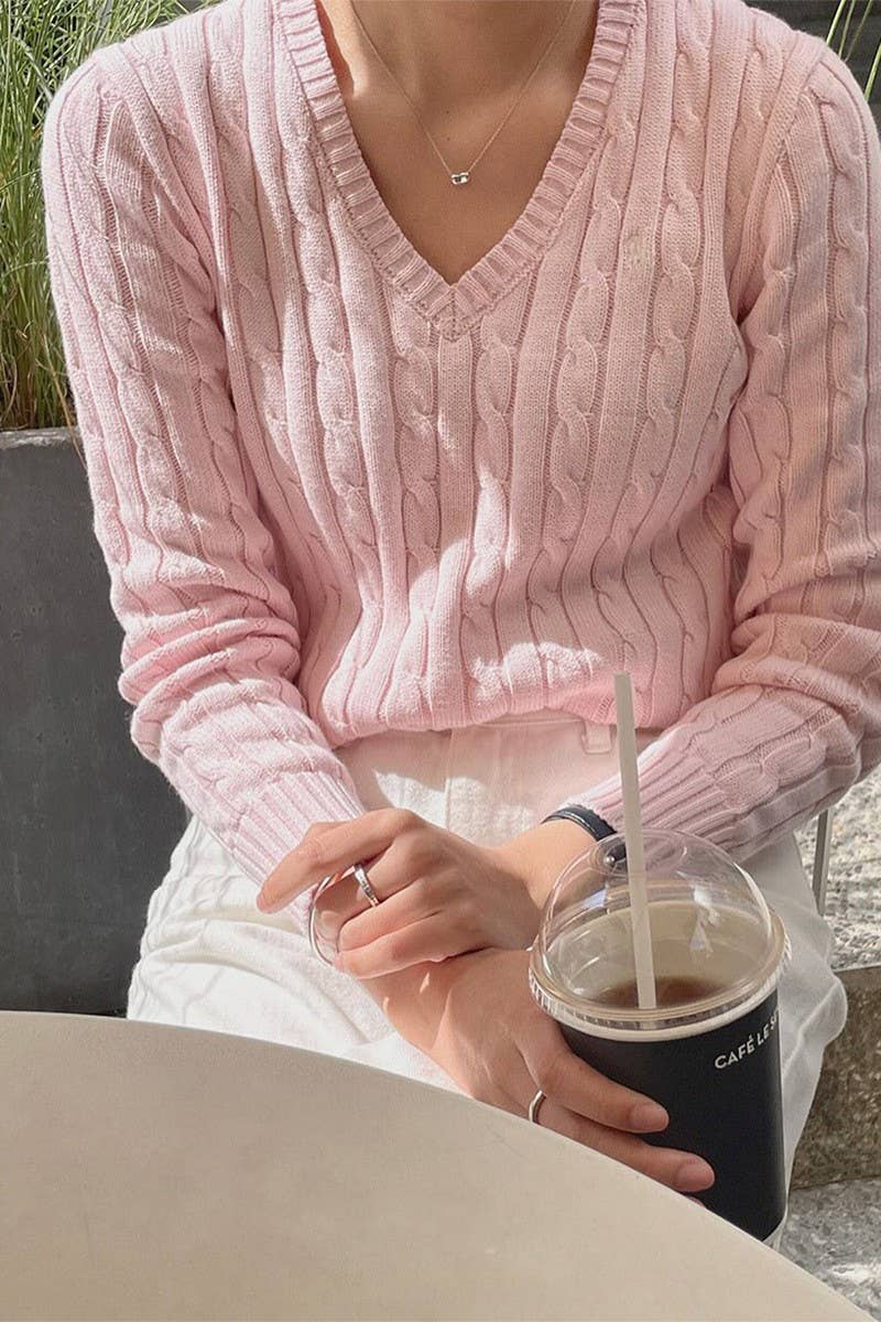 CWOSWL07522_V-NECK CASUAL LONG SLEEVE KNIT SWEATER
