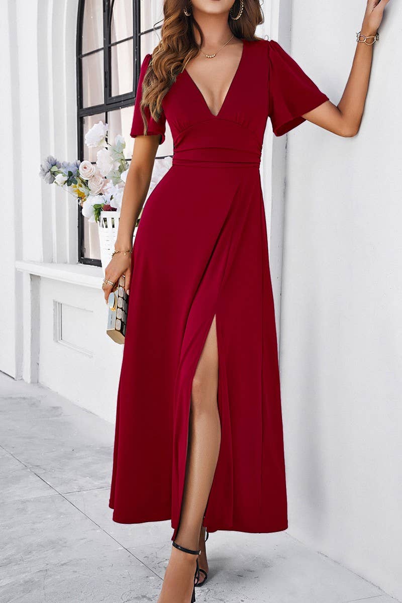CWDMD1333_V-Neck Short Ruffle Sleeve Maxi Dress