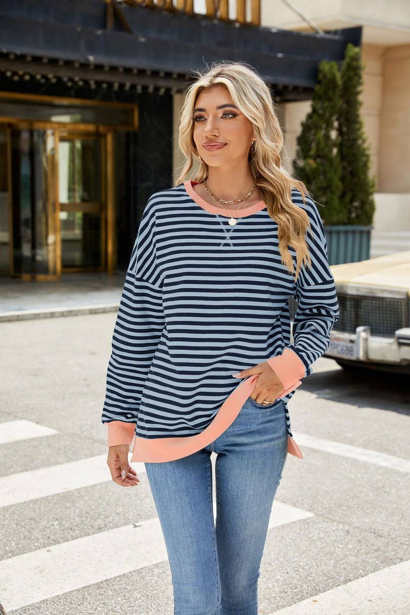 CWTBLL3746_CONTRAST COLOR SLIT LOOSE STRIPED SWEATSHIRT