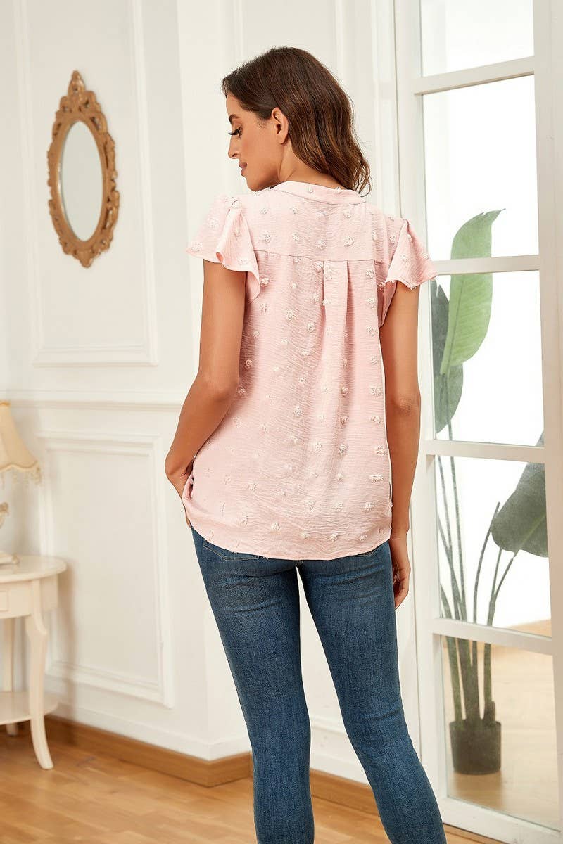 CWTBLS0606_V-NECK RUFFLED SLEEVE CHIFFON SHORT-SLEEVED TOP