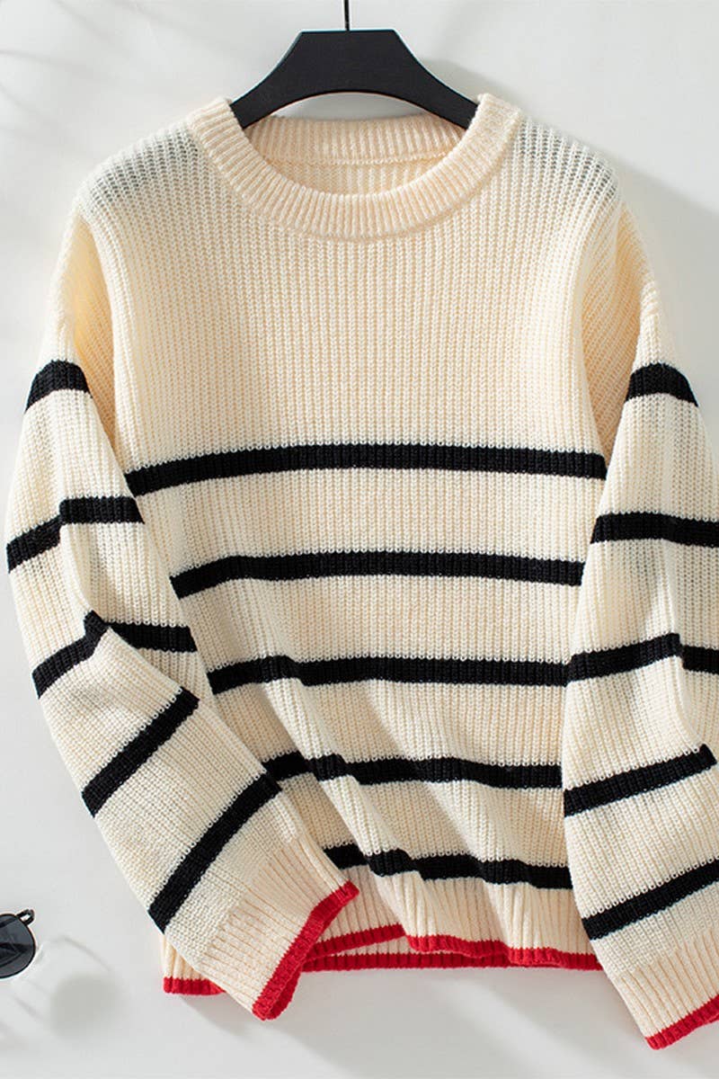 CWOSWL2804_CONTRAST STRIPE LONG SLEEVE PULLOVER KNIT SWEATER