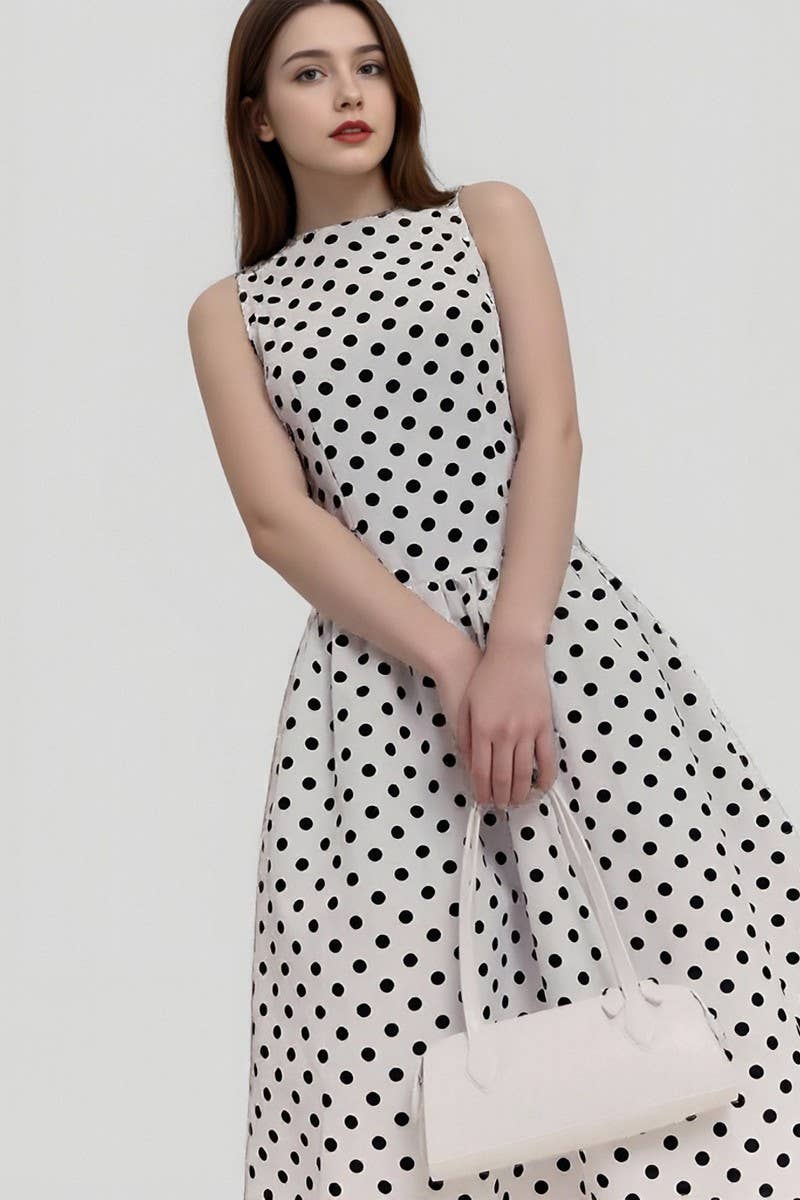 CWDMD6426_SLEEVELESS CREW NECK POLKA DOT PULLOVER DRESS
