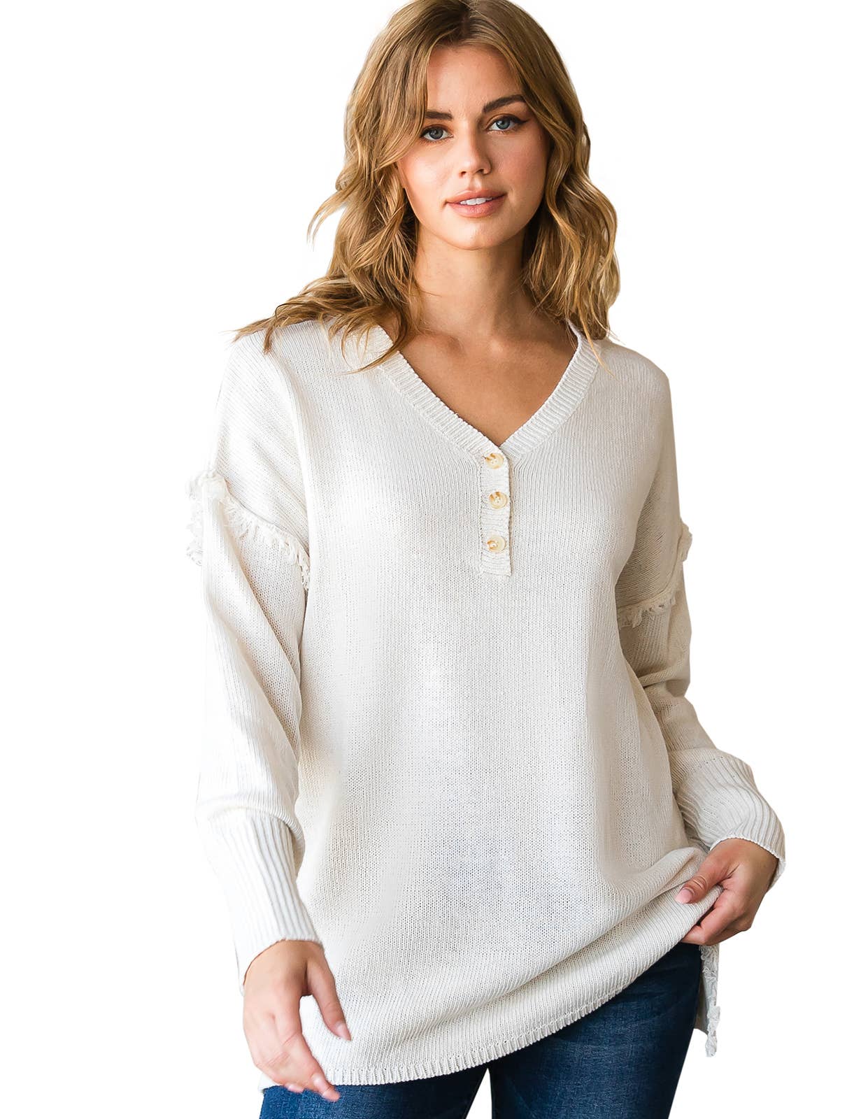 CWOSWL1832_BUTTON DOWN FRINGE SHOULDER SWEATER KNIT TOP
