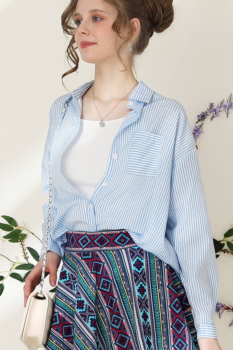 CWTSTL704_Striped Button Down Long Sleeve Collared Shirts