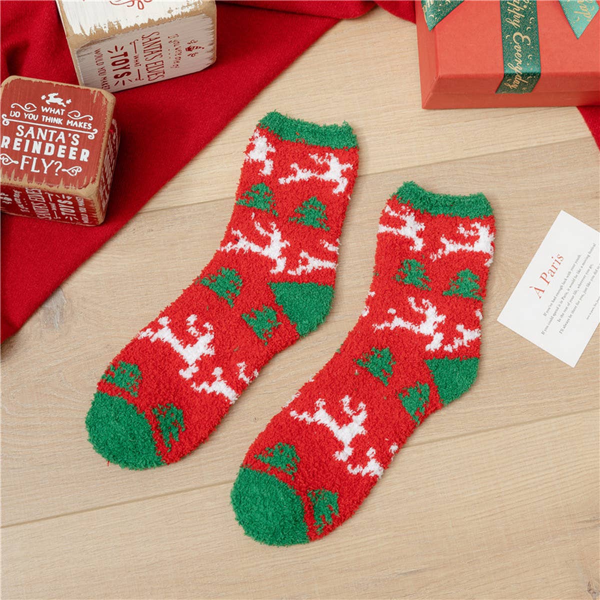 SANTA CLAUS ELK CORAL VELVET SOCKS