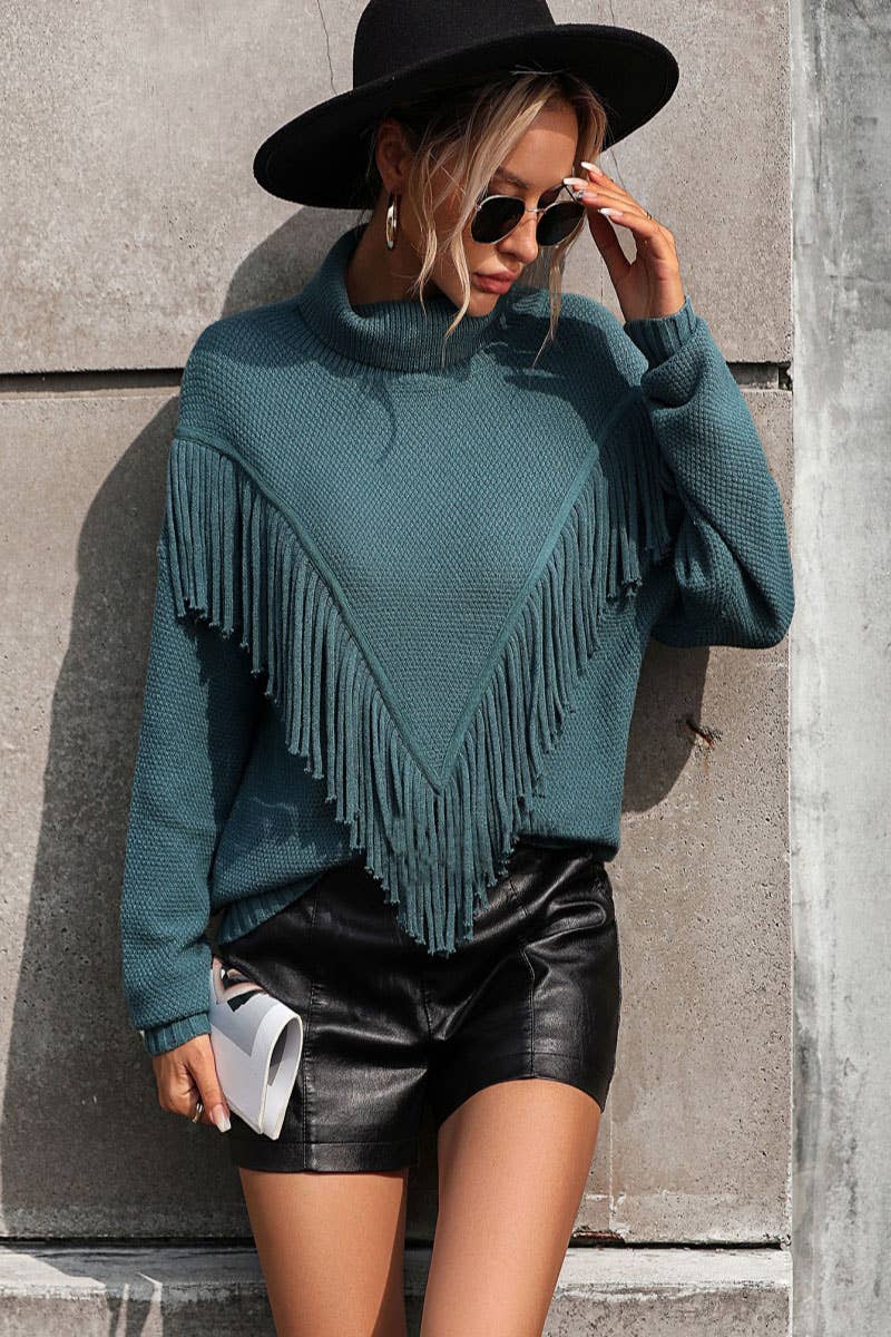 CWOSWL604 Turtle neck Fringe Tassel Pullover Sweater