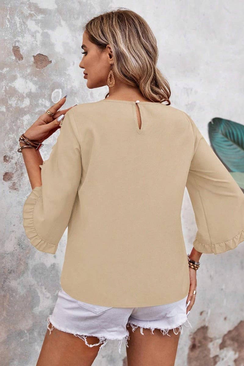 CWTBLS2263_LACE TRIM CREW NECK 3/4 SLEEVE ASYMMETRICAL TOP