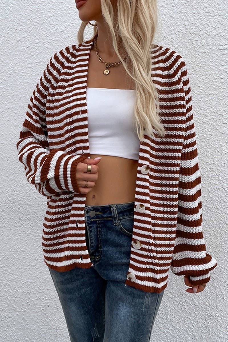 CWOCAL0871_STRIPED V-NECK LANTERN SLEEVE KNITTED CARDIGAN