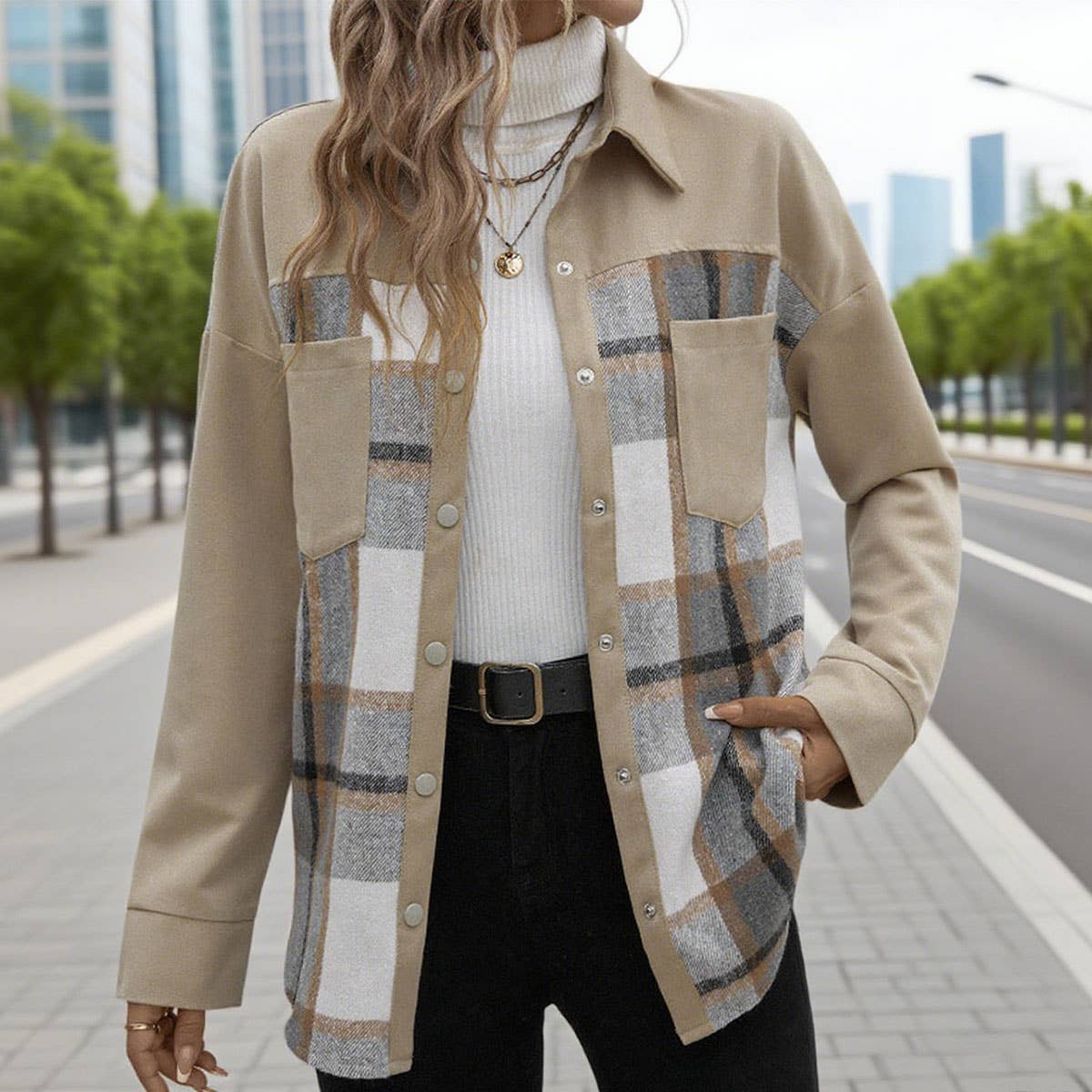 Fashionable lapel check long-sleeved shirt