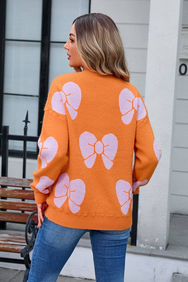 CWOSWL3068_BOW PRINT CREW NECK KNITTED SWEATER