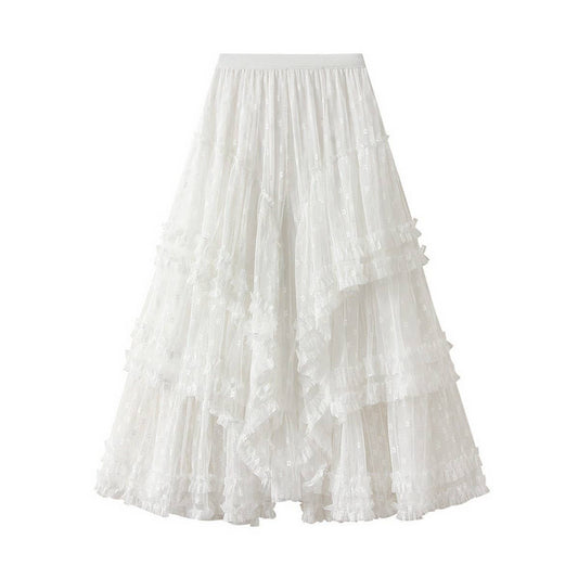 WHITE HEAVY LACE SPLICING IRREGULAR MESH SKIRT