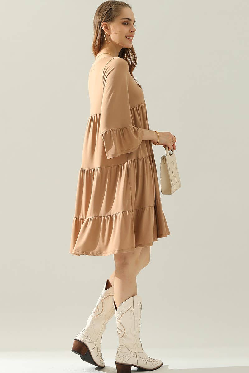 CWDSD10412_V NECK 3 TIERED RUFFLE DRESS WITH RUFFLE SLEEVE