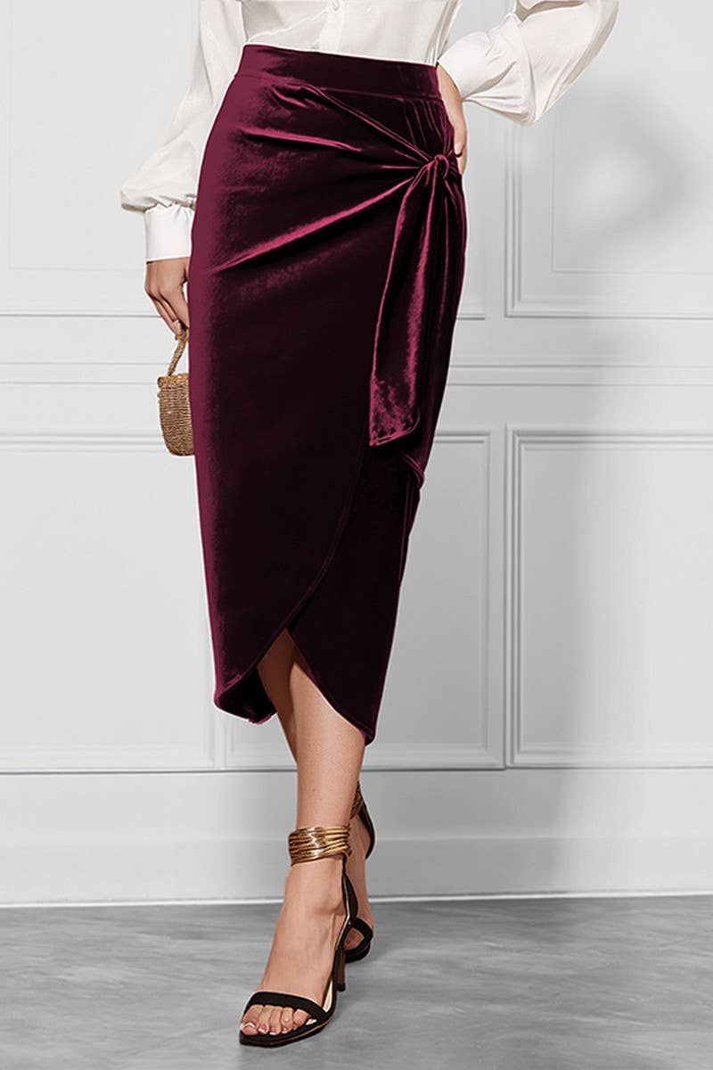 CWBMS00476_SOLID COLOR TWIST SLIT VELVET MIDI SKIRT