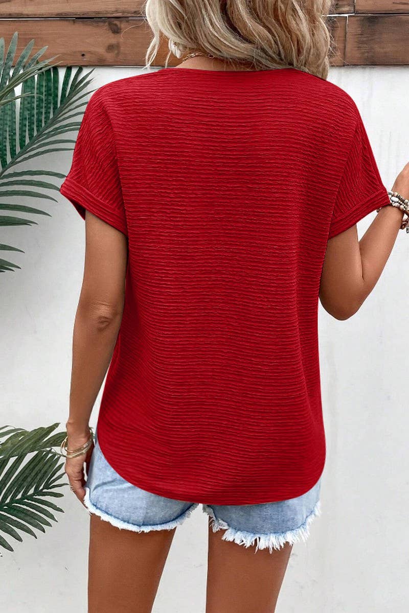 CWTBLS2266_SOLID V?NECK LOOSE FIT SHORT SLEEVE TEE