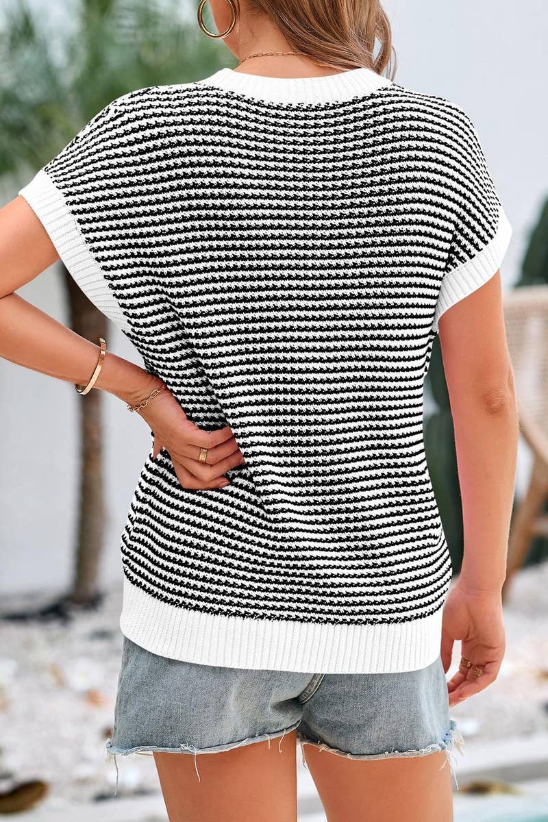 CWTTS1364_SUMMER CREW NECK CASUAL STRIPED KNITTED TOP