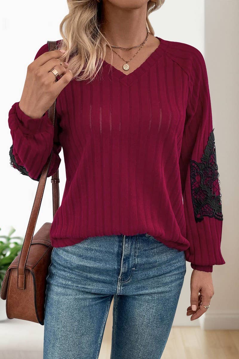 CWOSWL6823_NEW LACE STITCHING SOLID COLOR SWEATER