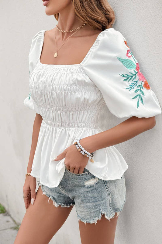 CWTBLS1990_PUFF SLEEVE SQUARE NECK EMBROIDERED SHIRT