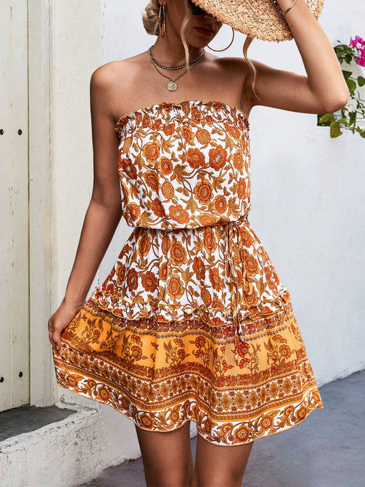 Bohemian print strapless cinched waist dress