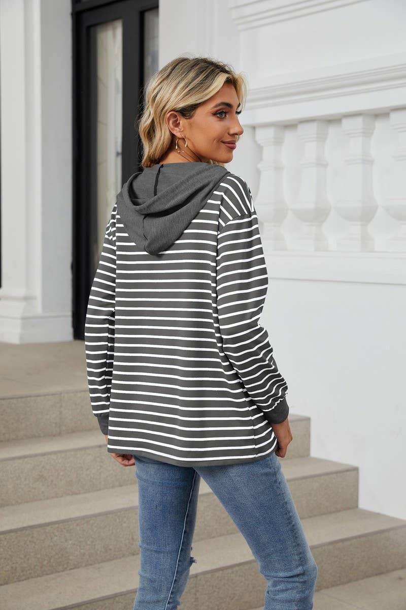 CWOHOL0719_HOODED BUTTON DRAWSTRING LONG SLEEVE SWEATSHIRT