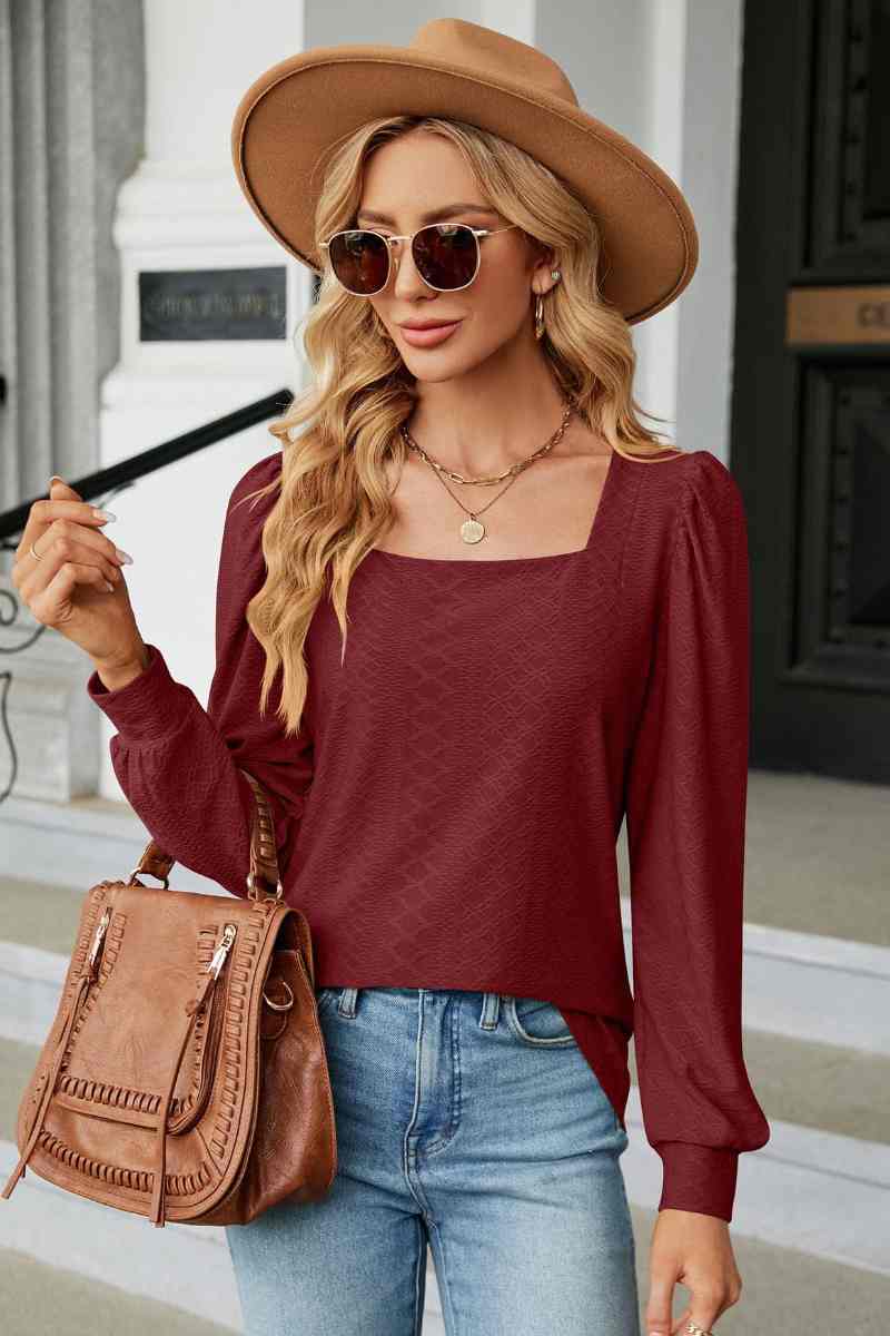CWTBLL2832_AUTUMN SQUARE NECK JACQUARD LONG-SLEEVED TOP