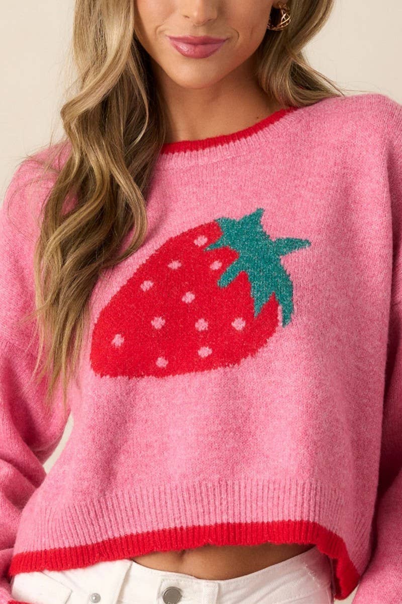 CWOSWL6958_SHORT STRAWBERRY PATTERN LONG SLEEVE KNIT SWEATER