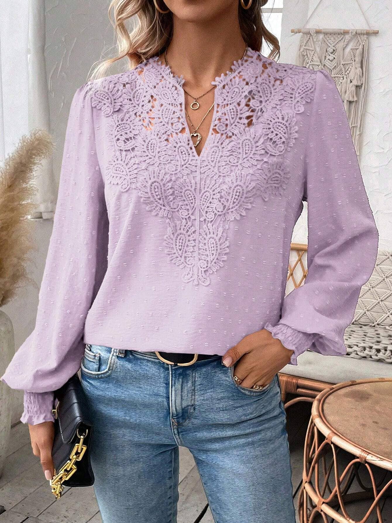 Fashion V-neck lace long sleeve casual T-shirt