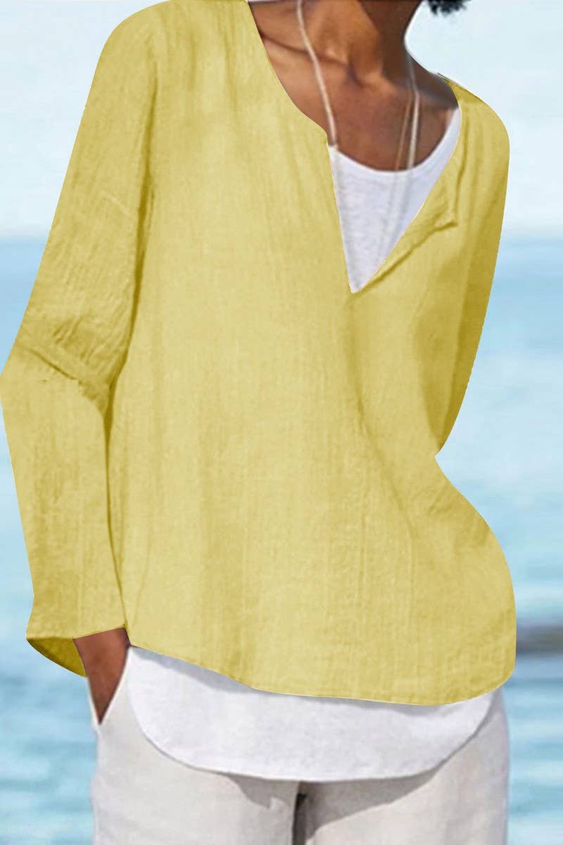 CWTTL01005_V-NECK SOLID COLOR LONG-SLEEVED WOMEN'S SHIRT