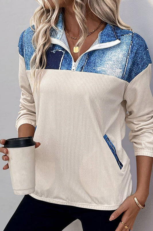 CWTBLL3706_CONTRAST COLOR CASUAL LAPEL PULLOVER SWEATSHIRT