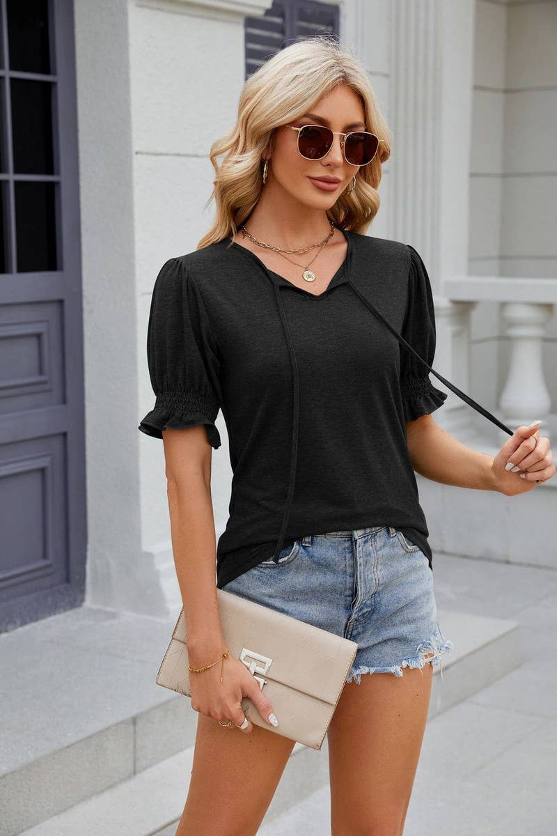 CWTTS0845_V-Neck Ruffle Short Sleeve Blouse