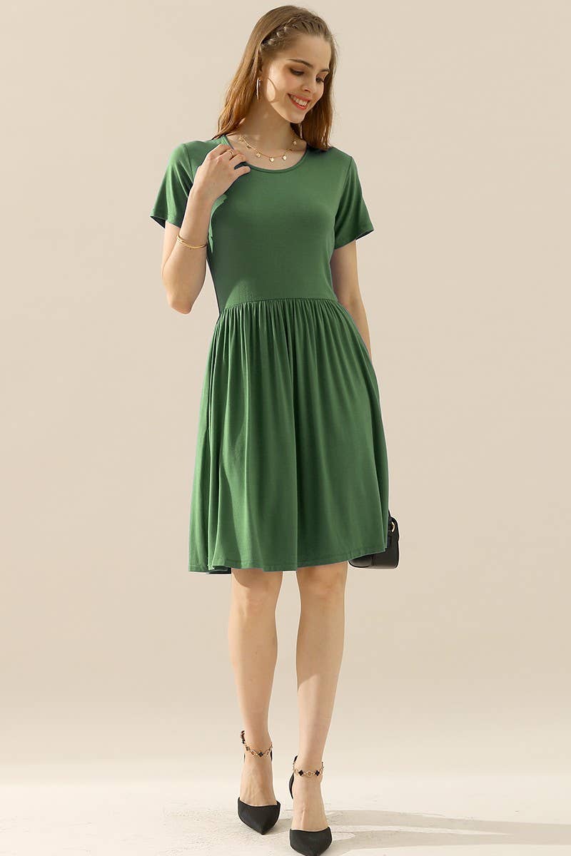 CWDSD10374_CREWNECK SHIRRED FLOWY SWING SHORT SLEEVE DRESSES