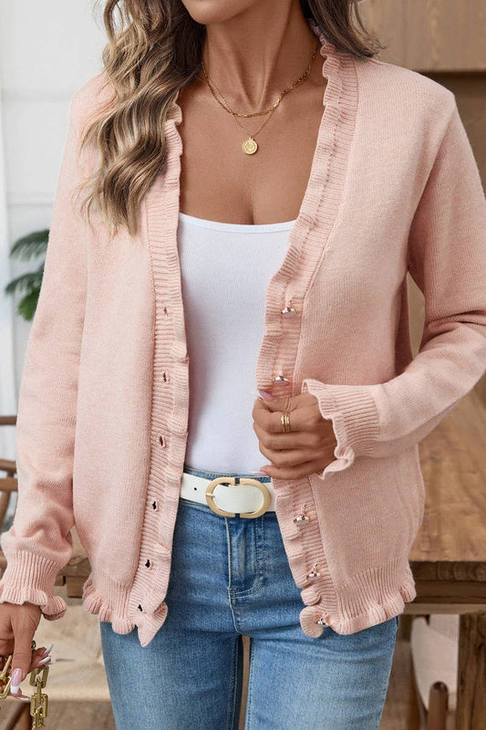 CWOCAL00724_RUFFLE EDGE BUTTON KNIT CARDIGAN SWEATER
