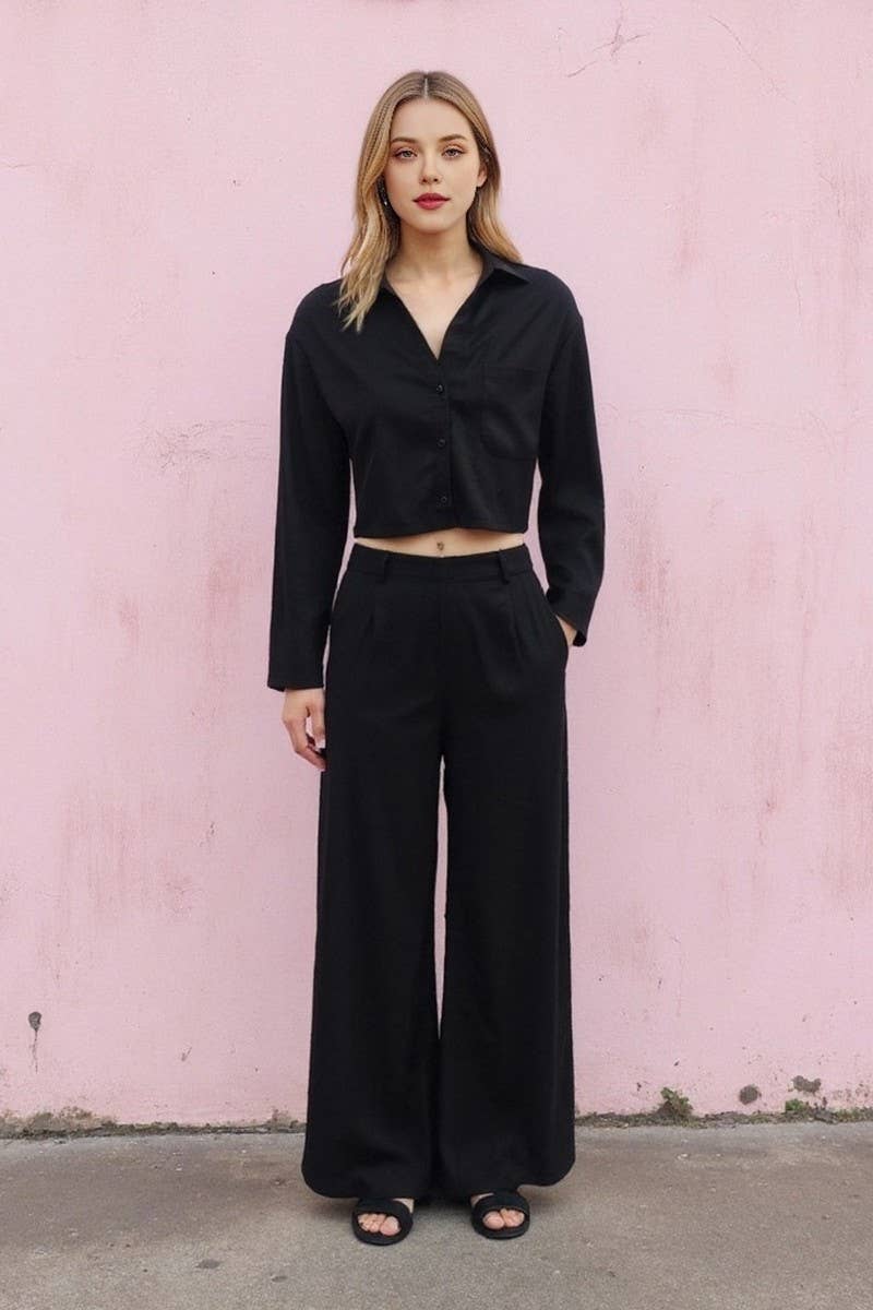 CWSTB1747_SOLID COLOR CROPPED SHIRT & PANTS SET FOR WOMEN