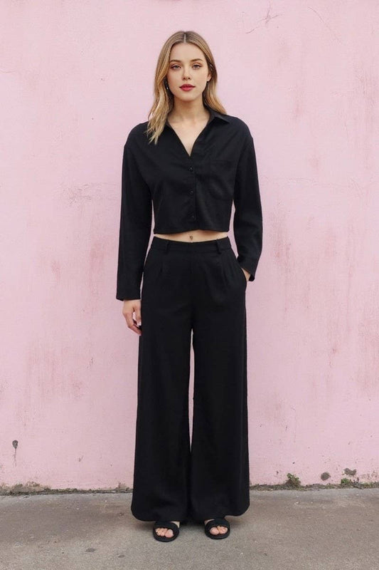 CWSTB1747_SOLID COLOR CROPPED SHIRT & PANTS SET FOR WOMEN