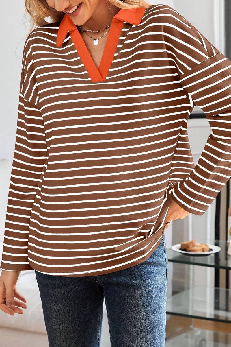 CWTBLL3674_STRIPED V-NECK LOOSE LAPEL SWEATSHIRT TOP